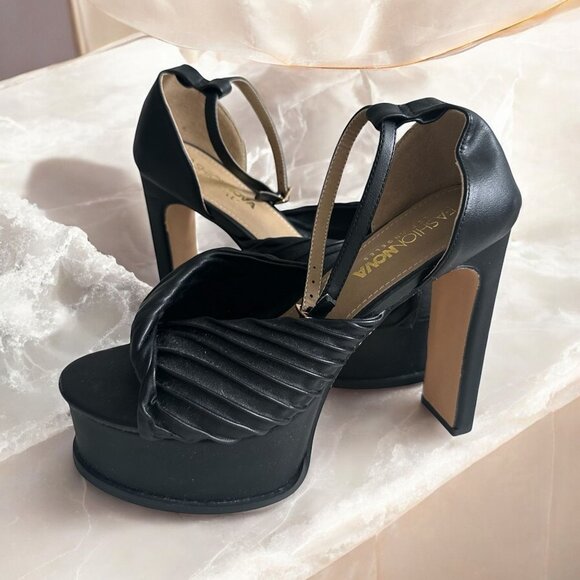 Fashion Nova Shoes - FASHION NOVA Black Ruched Platform Ankle Strap Heels Size 7